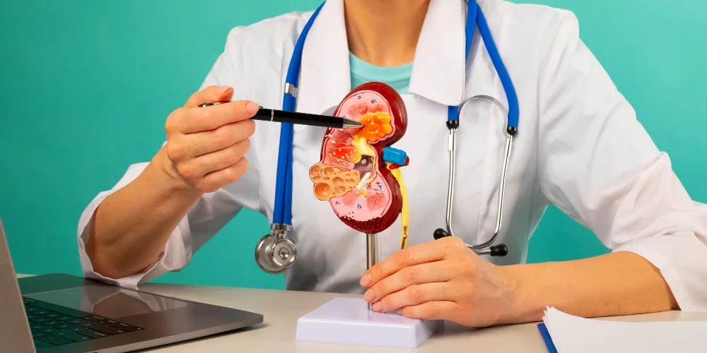 Urologist showing pen on plastic model human kidney closeup